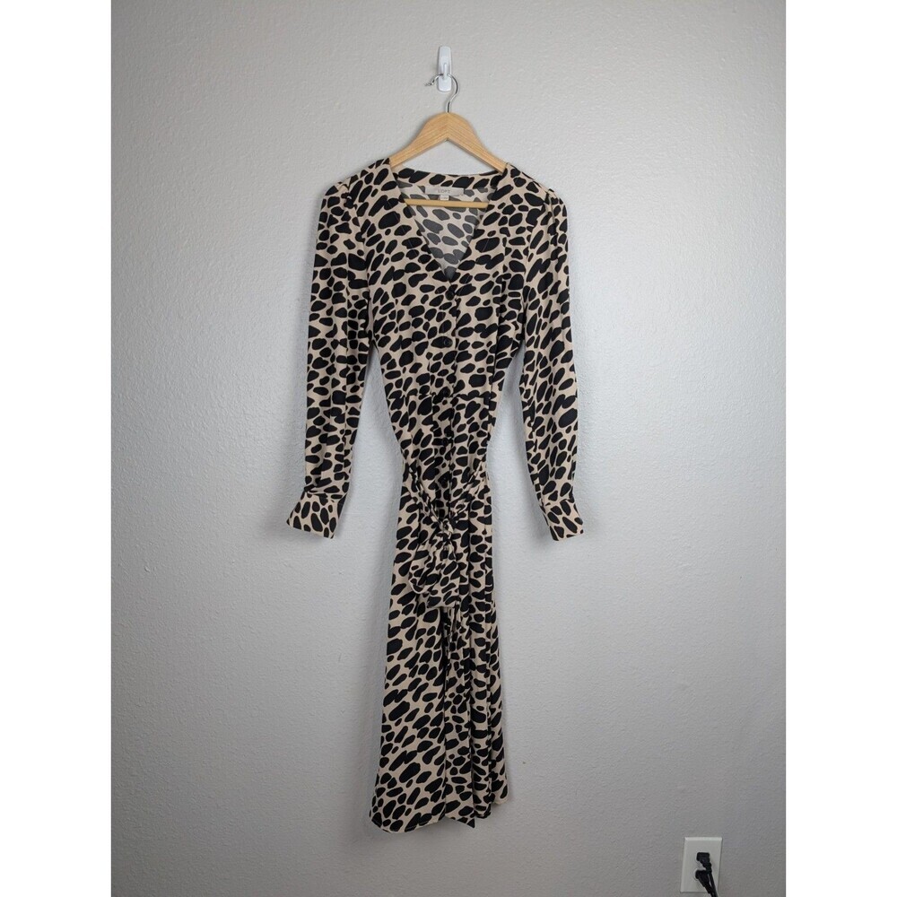 LOFT Animal Print Button Down Midi Dress Beige Brown Size 8